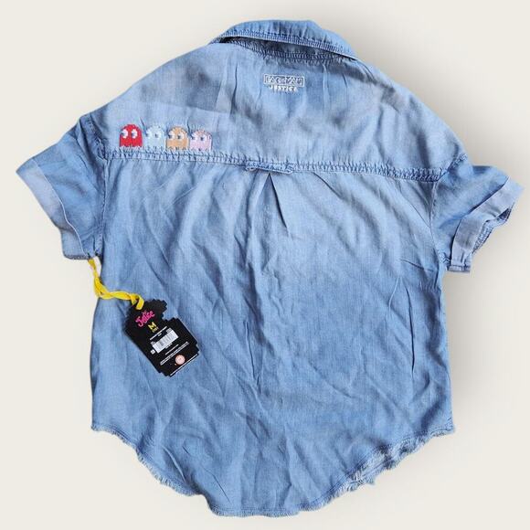 Justice Girls Pac Man Denim Top Juniors Sz M Blue Snap Short Sleeve Ghost Gang - Picture 2 of 8